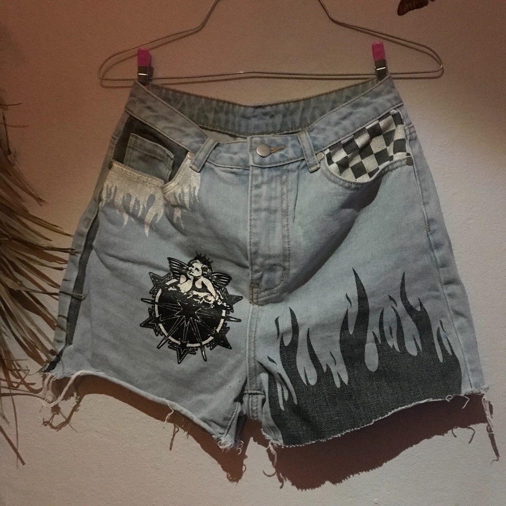 Shein high wasted fire & angel print denim shorts